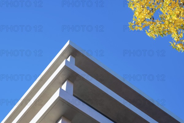 Corner Shape of a Modern Design Building Against Clear Blue Sky and Autumn Trees in a Sunny Day in Switzerland