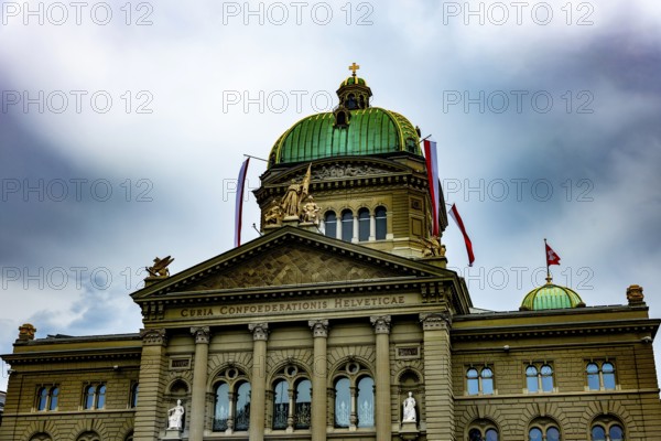 Beautiful Bundeshaus Parliament Building or Federal Palace with Storm Clouds in City of Bern, Canton Bern, Switzerland