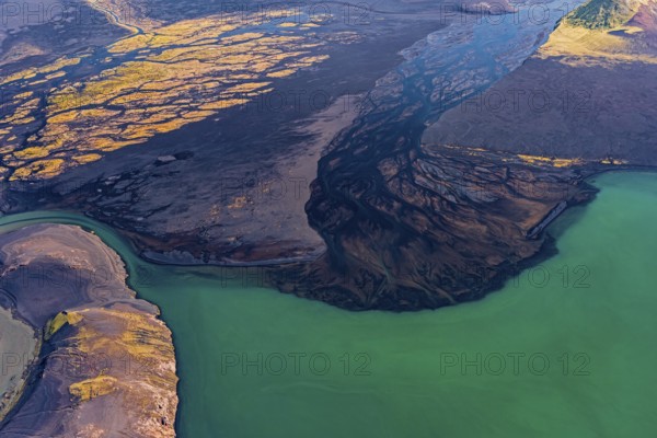 Mountain landscape, river, river delta, river course, lake, volcanic landscape, sunny, aerial view, summer, Langisjör, Icelandic Highlands, Iceland