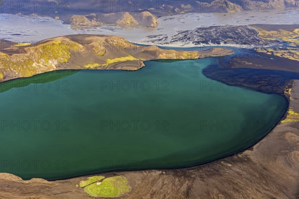 Mountain landscape, river, river delta, river course, lake, volcanic landscape, sunny, aerial view, summer, Langisjör, Icelandic Highlands, Iceland