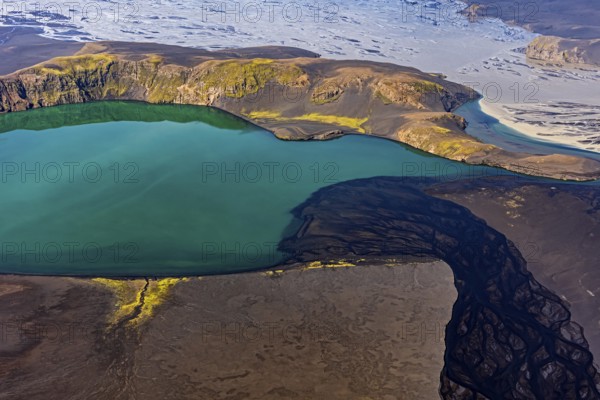 Mountain landscape, river, river delta, river course, lake, volcanic landscape, sunny, aerial view, summer, Langisjör, Icelandic Highlands, Iceland