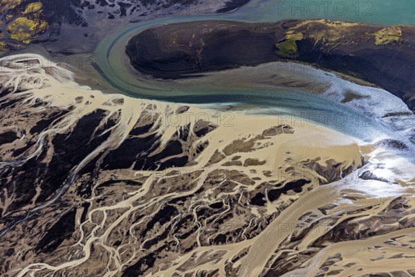 Mountain landscape, river, river delta, river course, volcanic landscape, sunny, aerial view, summer, Langisjör, Icelandic Highlands, Iceland