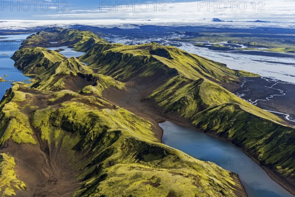 Mountain landscape, lake, lake district, volcanic landscape, sunny, aerial view, summer, Langisjör, Icelandic Highlands, Iceland