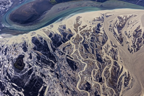 Mountain landscape, river, river delta, river course, volcanic landscape, sunny, aerial view, summer, Langisjör, Icelandic Highlands, Iceland