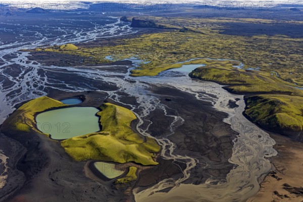 Mountain landscape, lake, river, river delta, sunny, aerial view, summer, Langisjör, Icelandic Highlands, Iceland