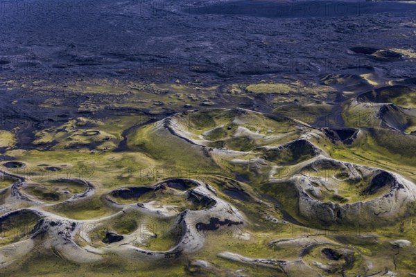 Volcanic landscape, volcanic crater, sunny, aerial view, summer, Laki, Lakagigar, Vatnajökull National Park, Icelandic Highlands, Iceland