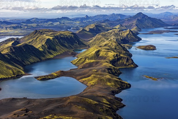 Mountain landscape, lake, lake district, volcanic landscape, sunny, aerial view, summer, Langisjör, Icelandic Highlands, Iceland