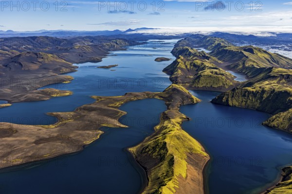 Mountain landscape, lake, lake district, volcanic landscape, sunny, aerial view, summer, Langisjör, Icelandic Highlands, Iceland