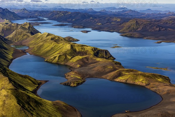 Mountain landscape, lake, lake district, volcanic landscape, sunny, aerial view, summer, Langisjör, Icelandic Highlands, Iceland