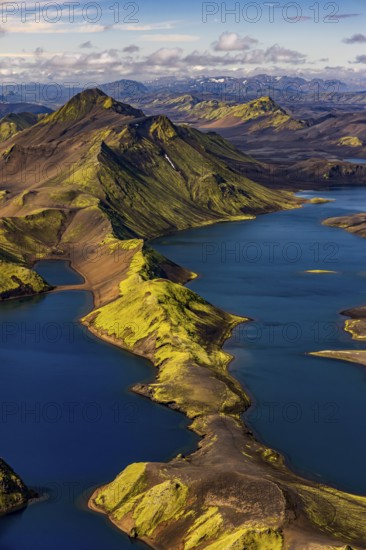 Mountain landscape, lake, lake district, volcanic landscape, sunny, aerial view, summer, Langisjör, Icelandic Highlands, Iceland