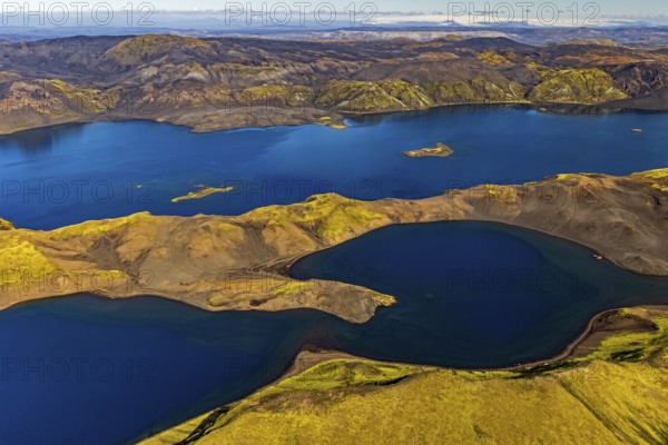 Mountain landscape, lake, lake district, volcanic landscape, sunny, aerial view, summer, Langisjör, Icelandic Highlands, Iceland