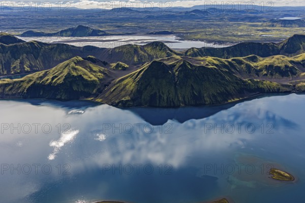 Mountain landscape, lake, lake district, volcanic landscape, backlight, sunny, aerial view, summer, Langisjör, Icelandic Highlands, Iceland