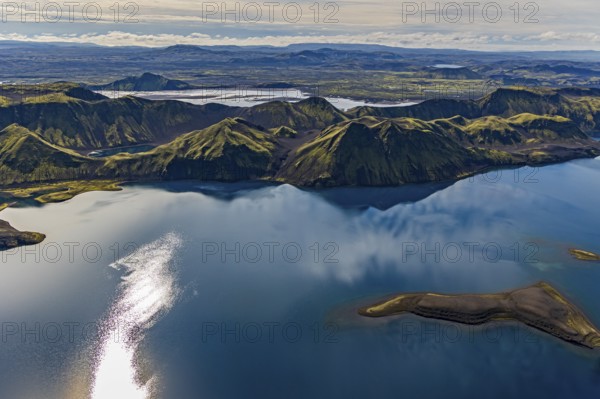 Mountain landscape, lake, lake district, volcanic landscape, backlight, sunny, aerial view, summer, Langisjör, Icelandic Highlands, Iceland