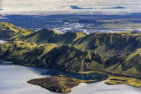 Mountain landscape, lake, lake district, volcanic landscape, backlight, sunny, aerial view, summer, Langisjör, Icelandic Highlands, Iceland