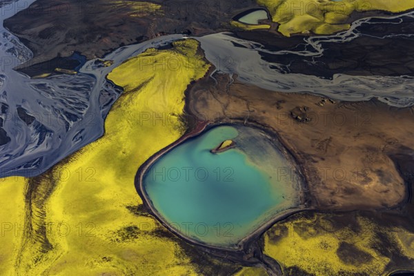 Mountain landscape, lake, river, river delta, sunny, aerial view, summer, Langisjör, Icelandic Highlands, Iceland
