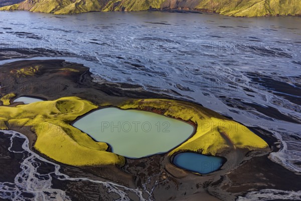 Mountain landscape, lake, river, river delta, sunny, aerial view, summer, Langisjör, Icelandic Highlands, Iceland