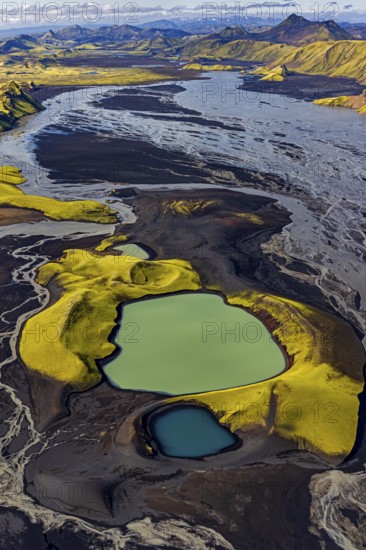 Mountain landscape, lake, river, river delta, sunny, aerial view, summer, Langisjör, Icelandic Highlands, Iceland