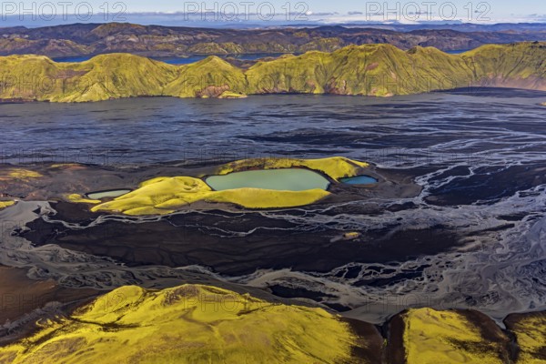 Mountain landscape, lake, river, river delta, sunny, aerial view, summer, Langisjör, Icelandic Highlands, Iceland