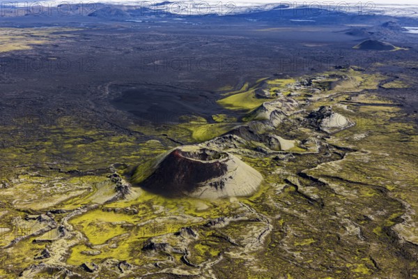 Volcanic landscape, volcanic crater, sunny, aerial view, summer, Laki, Lakagigar, Vatnajökull National Park, Icelandic Highlands, Iceland