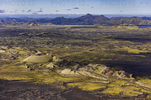 Volcanic landscape, volcanic crater, sunny, aerial view, summer, Laki, Lakagigar, Vatnajökull National Park, Icelandic Highlands, Iceland