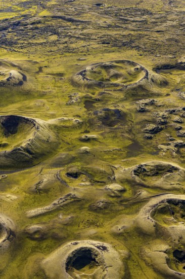 Volcanic landscape, volcanic crater, sunny, backlight, aerial view, summer, Laki, Lakagigar, Vatnajökull National Park, Icelandic Highlands, Iceland