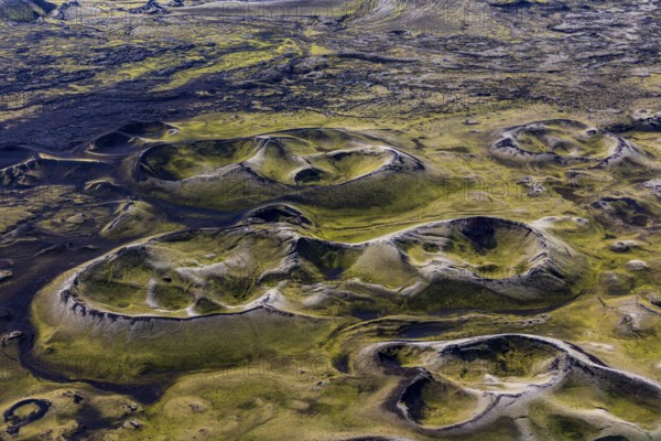 Volcanic landscape, volcanic crater, sunny, backlight, aerial view, summer, Laki, Lakagigar, Vatnajökull National Park, Icelandic Highlands, Iceland