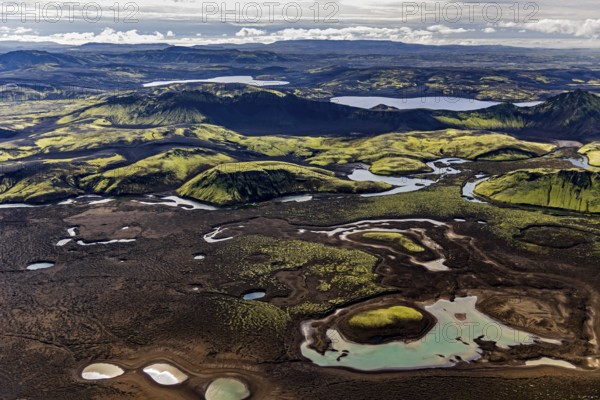 Mountain landscape, lake, volcanic landscape, sunny, backlight, aerial view, summer, Langisjör, Icelandic Highlands, Iceland