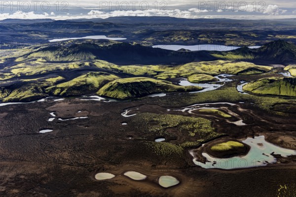 Mountain landscape, lake, volcanic landscape, sunny, backlight, aerial view, summer, Langisjör, Icelandic Highlands, Iceland