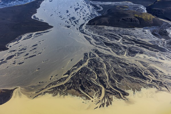 Mountain landscape, river, river delta, river course, volcanic landscape, sunny, aerial view, summer, Langisjör, Icelandic Highlands, Iceland