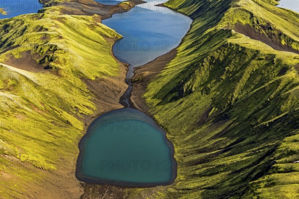 Mountain landscape, lake, lake district, volcanic landscape, sunny, aerial view, summer, Langisjör, Icelandic Highlands, Iceland