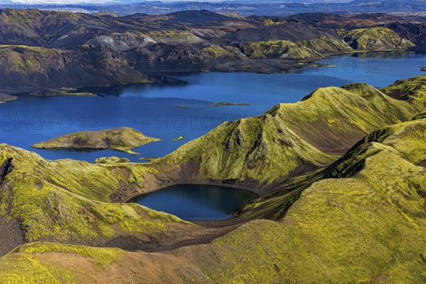 Mountain landscape, lake, lake district, volcanic landscape, sunny, aerial view, summer, Langisjör, Icelandic Highlands, Iceland