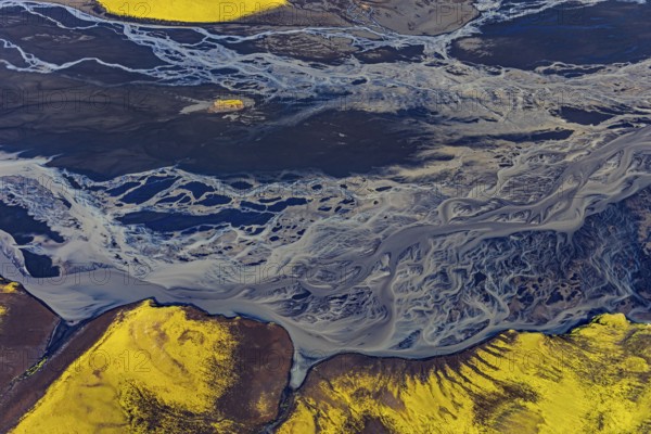 Mountain landscape, river, river delta, sunny, aerial view, summer, Langisjör, Icelandic Highlands, Iceland
