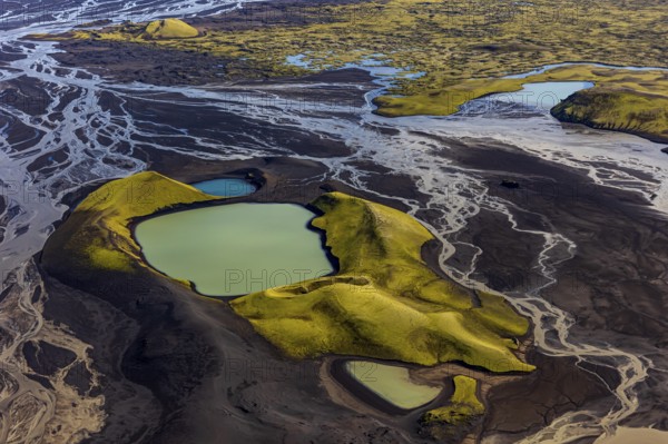 Mountain landscape, lake, river, river delta, sunny, aerial view, summer, Langisjör, Icelandic Highlands, Iceland