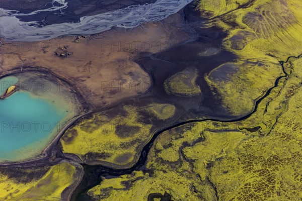 Mountain landscape, lake, river, river delta, sunny, aerial view, summer, Langisjör, Icelandic Highlands, Iceland