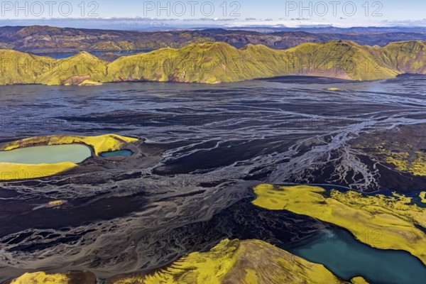 Mountain landscape, lake, river, river delta, sunny, aerial view, summer, Langisjör, Icelandic Highlands, Iceland