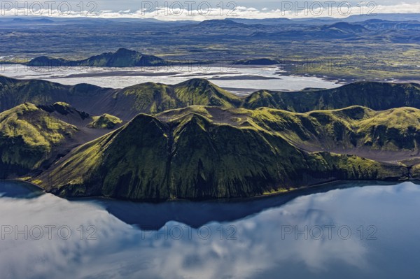 Mountain landscape, lake, lake district, volcanic landscape, backlight, sunny, aerial view, summer, Langisjör, Icelandic Highlands, Iceland