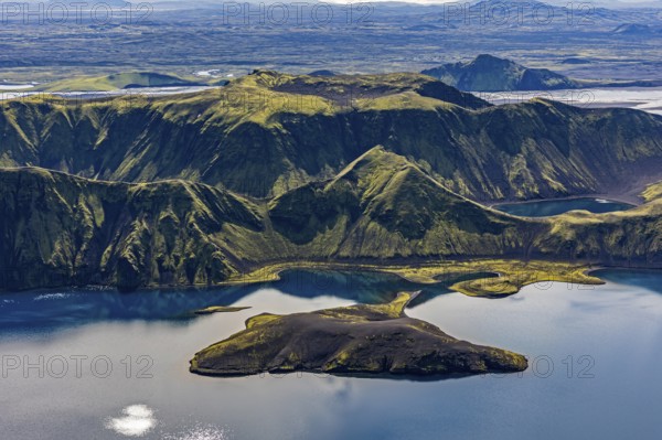 Mountain landscape, lake, lake district, volcanic landscape, backlight, sunny, aerial view, summer, Langisjör, Icelandic Highlands, Iceland