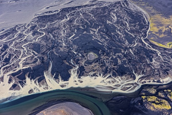 Mountain landscape, river, river delta, river course, volcanic landscape, sunny, aerial view, summer, Langisjör, Icelandic Highlands, Iceland