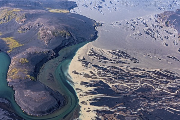 Mountain landscape, river, river delta, river course, volcanic landscape, sunny, aerial view, summer, Langisjör, Icelandic Highlands, Iceland