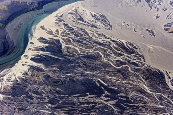 Mountain landscape, river, river delta, river course, volcanic landscape, sunny, aerial view, summer, Langisjör, Icelandic Highlands, Iceland