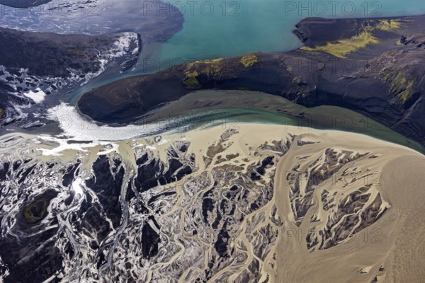Mountain landscape, river, river delta, river course, volcanic landscape, sunny, aerial view, summer, Langisjör, Icelandic Highlands, Iceland