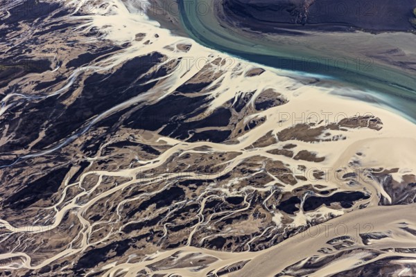 Mountain landscape, river, river delta, river course, volcanic landscape, sunny, aerial view, summer, Langisjör, Icelandic Highlands, Iceland