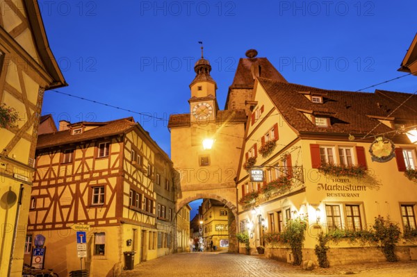 The Markusturm in Rothenburg ob der Tauber at dusk, Bavaria, Germany