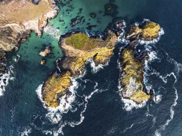 Top Down view over Kynance Cove from a drone, Mount's Bay, Lizard Point, Cornwall, England, United Kingdom