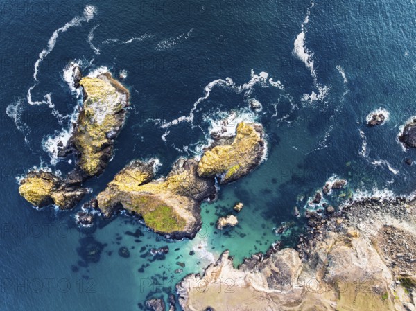 Top Down view over Kynance Cove from a drone, Mount's Bay, Lizard Point, Cornwall, England, United Kingdom