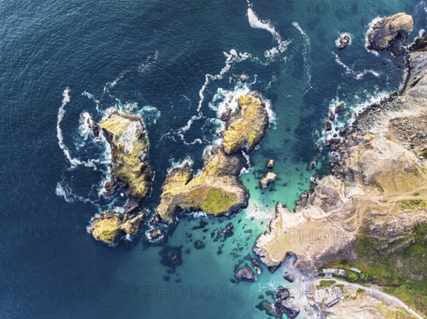 Top Down view over Kynance Cove from a drone, Mount's Bay, Lizard Point, Cornwall, England, United Kingdom