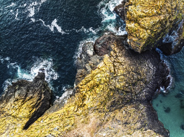 Top Down view over Kynance Cove from a drone, Mount's Bay, Lizard Point, Cornwall, England, United Kingdom