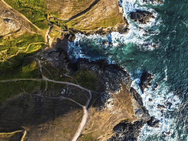 Top Down view over cliffs from a drone, Lizard Peninsula, South West Coast Path, Lizard, Cornwall, England, United Kingdom