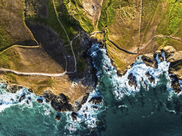 Top Down view over cliffs from a drone, Lizard Peninsula, South West Coast Path, Lizard, Cornwall, England, United Kingdom