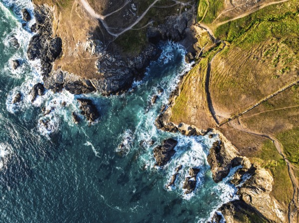 Top Down view over cliffs from a drone, Lizard Peninsula, South West Coast Path, Lizard, Cornwall, England, United Kingdom